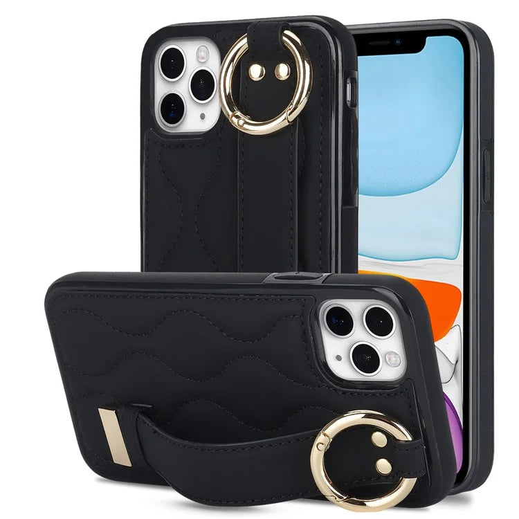 For iPhone 11 Pro Wave Pattern Cell Phone Case PU+TPU Wristband Cover