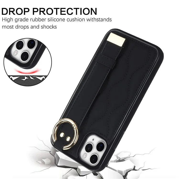 For iPhone 11 Pro Wave Pattern Cell Phone Case PU+TPU Wristband Cover
