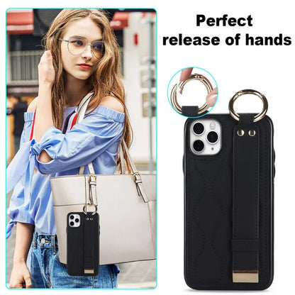 For iPhone 11 Pro Wave Pattern Cell Phone Case PU+TPU Wristband Cover