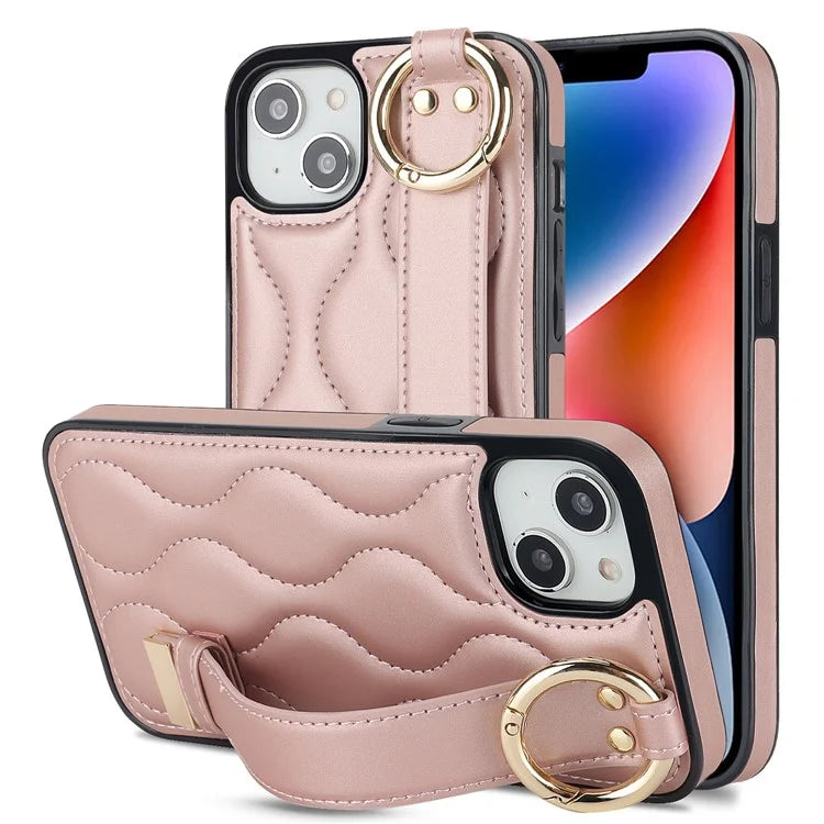 For iPhone 14 Plus Cell Phone Case Wave Pattern Shockproof PU+TPU Wristband Cover