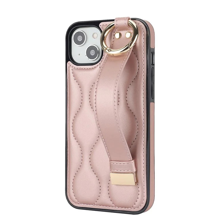 For iPhone 14 Plus Cell Phone Case Wave Pattern Shockproof PU+TPU Wristband Cover