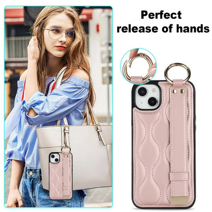 For iPhone 14 Plus Cell Phone Case Wave Pattern Shockproof PU+TPU Wristband Cover