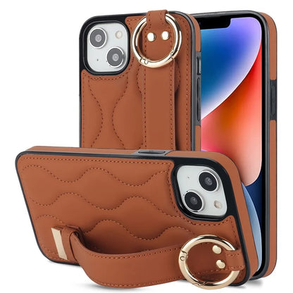 For iPhone 14 Plus Cell Phone Case Wave Pattern Shockproof PU+TPU Wristband Cover