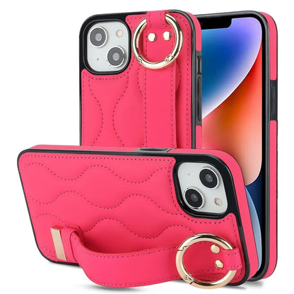For iPhone 14 Plus Cell Phone Case Wave Pattern Shockproof PU+TPU Wristband Cover