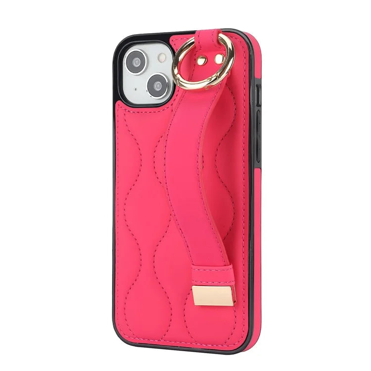 For iPhone 14 Plus Cell Phone Case Wave Pattern Shockproof PU+TPU Wristband Cover