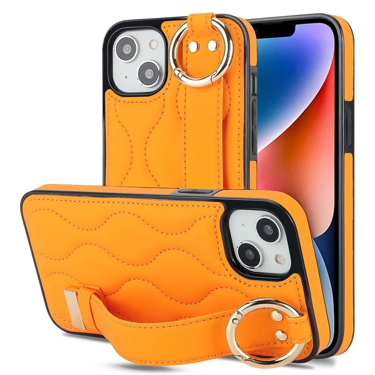 For iPhone 14 Plus Cell Phone Case Wave Pattern Shockproof PU+TPU Wristband Cover