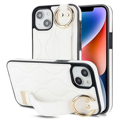 For iPhone 14 Plus Cell Phone Case Wave Pattern Shockproof PU+TPU Wristband Cover