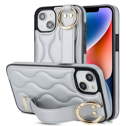 For iPhone 14 Plus Cell Phone Case Wave Pattern Shockproof PU+TPU Wristband Cover