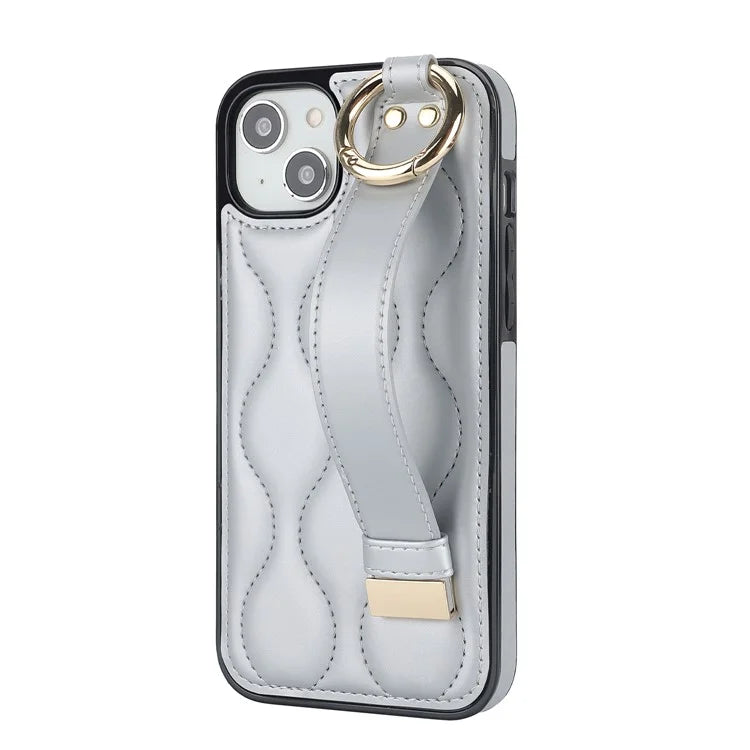 For iPhone 14 Plus Cell Phone Case Wave Pattern Shockproof PU+TPU Wristband Cover