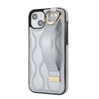 For iPhone 14 Plus Cell Phone Case Wave Pattern Shockproof PU+TPU Wristband Cover