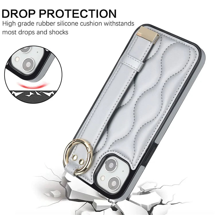 For iPhone 14 Plus Cell Phone Case Wave Pattern Shockproof PU+TPU Wristband Cover