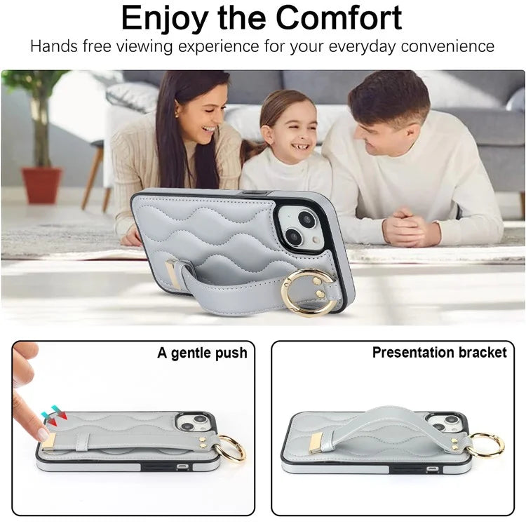 For iPhone 14 Plus Cell Phone Case Wave Pattern Shockproof PU+TPU Wristband Cover