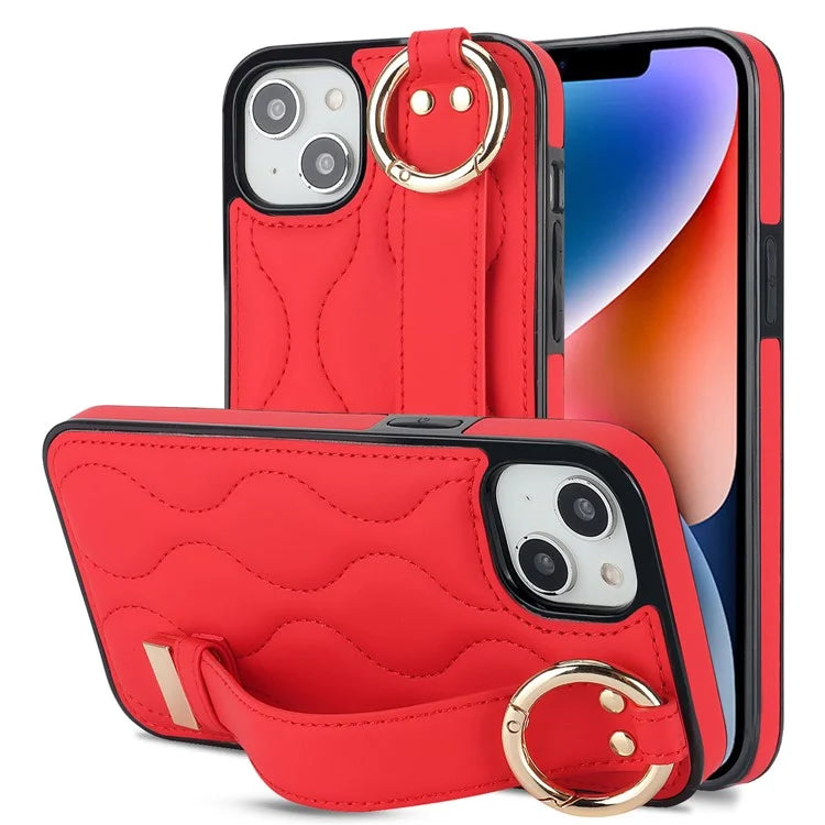 For iPhone 14 Plus Cell Phone Case Wave Pattern Shockproof PU+TPU Wristband Cover
