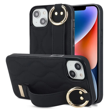 For iPhone 14 Plus Cell Phone Case Wave Pattern Shockproof PU+TPU Wristband Cover