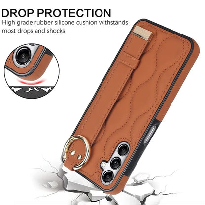 For Samsung Galaxy A14 5G / 4G Case PU Leather+TPU Wristband Kickstand Anti-fall Phone Cover