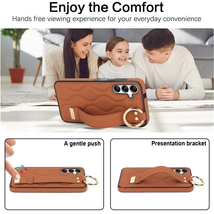 For Samsung Galaxy A14 5G / 4G Case PU Leather+TPU Wristband Kickstand Anti-fall Phone Cover