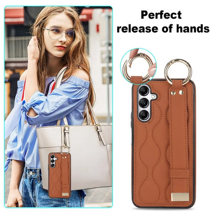 For Samsung Galaxy A14 5G / 4G Case PU Leather+TPU Wristband Kickstand Anti-fall Phone Cover