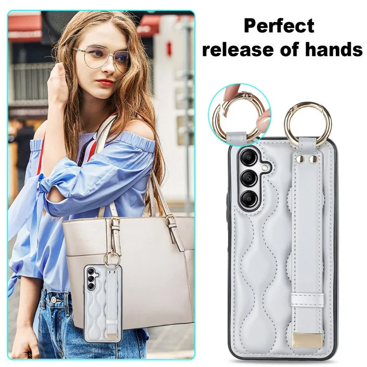 For Samsung Galaxy A14 5G / 4G Case PU Leather+TPU Wristband Kickstand Anti-fall Phone Cover