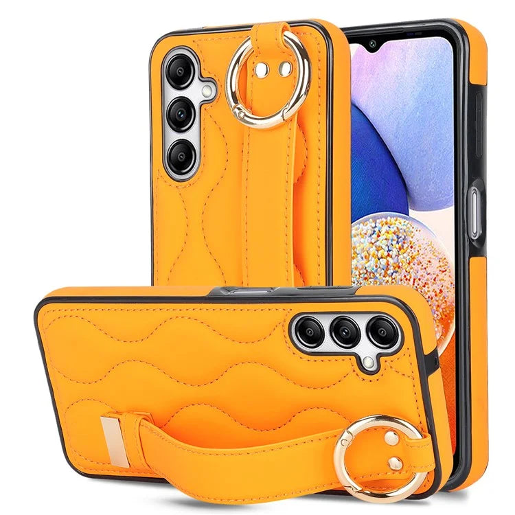 For Samsung Galaxy A14 5G / 4G Case PU Leather+TPU Wristband Kickstand Anti-fall Phone Cover