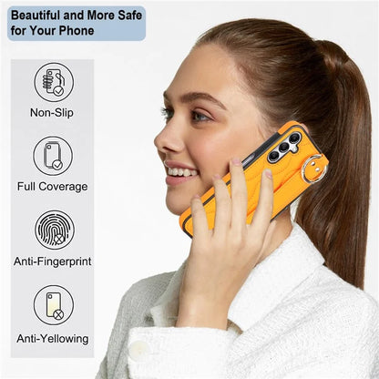 For Samsung Galaxy A14 5G / 4G Case PU Leather+TPU Wristband Kickstand Anti-fall Phone Cover