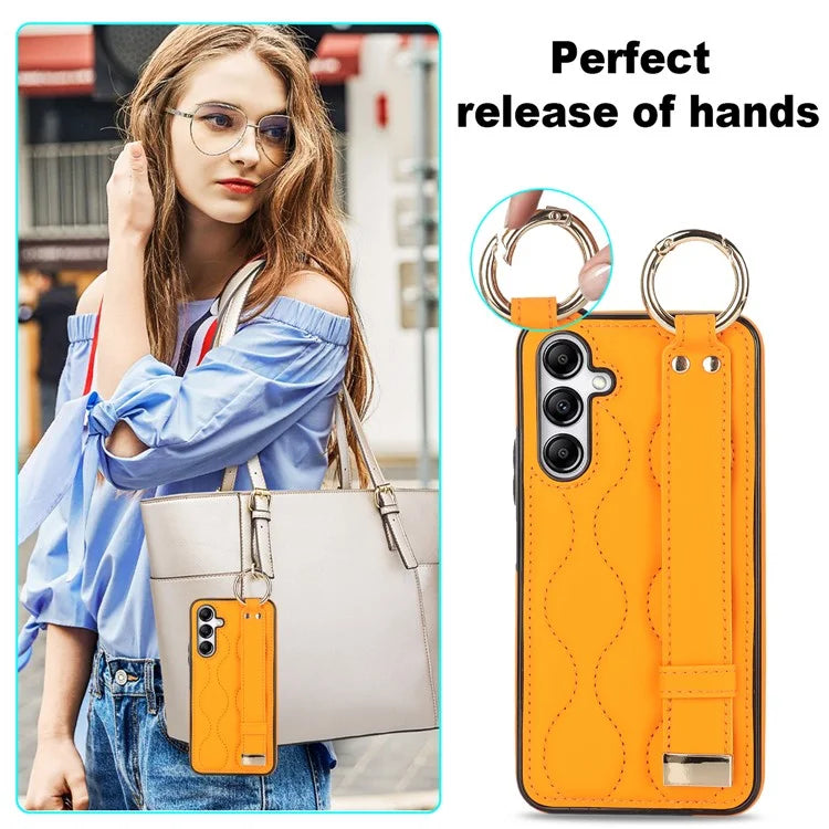 For Samsung Galaxy A14 5G / 4G Case PU Leather+TPU Wristband Kickstand Anti-fall Phone Cover