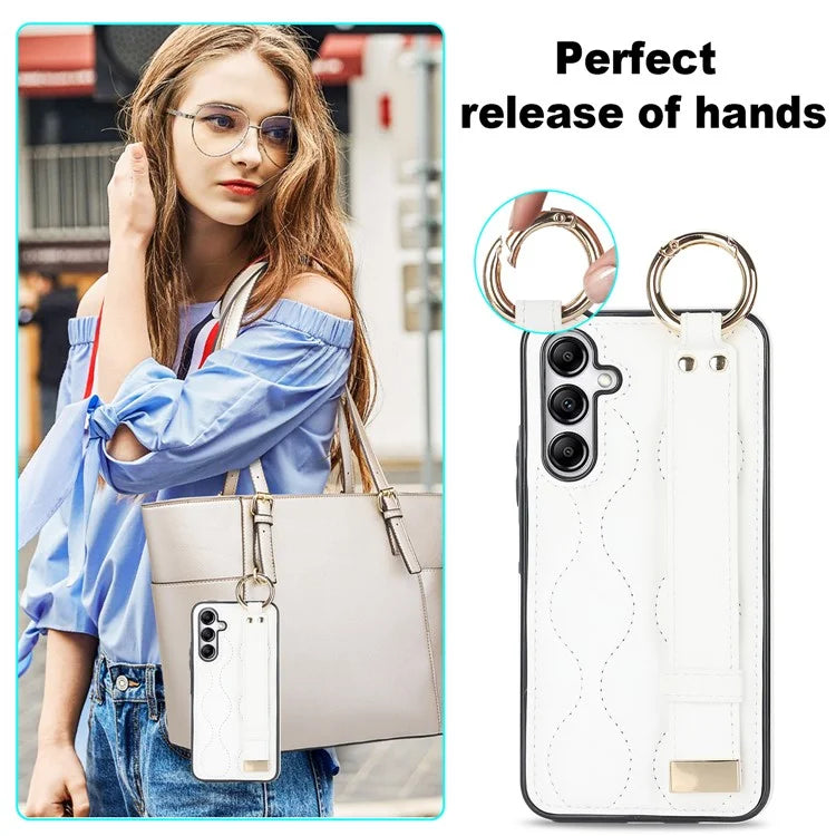 For Samsung Galaxy A14 5G / 4G Case PU Leather+TPU Wristband Kickstand Anti-fall Phone Cover