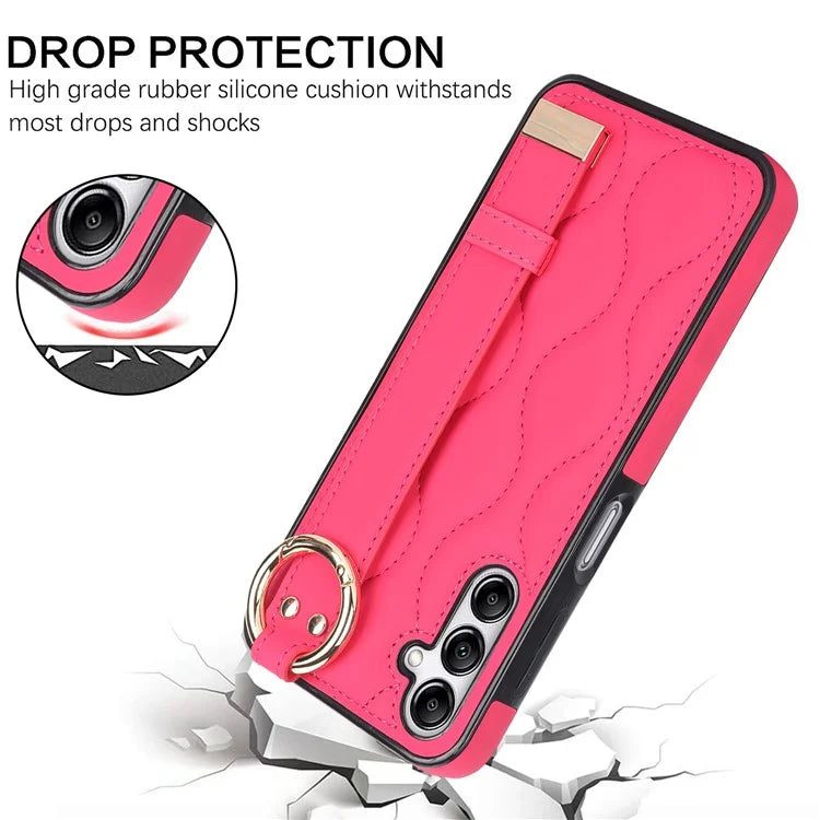 For Samsung Galaxy A14 5G / 4G Case PU Leather+TPU Wristband Kickstand Anti-fall Phone Cover
