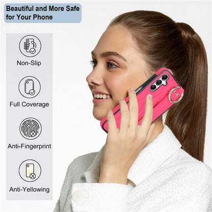 For Samsung Galaxy A14 5G / 4G Case PU Leather+TPU Wristband Kickstand Anti-fall Phone Cover