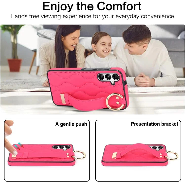 For Samsung Galaxy A14 5G / 4G Case PU Leather+TPU Wristband Kickstand Anti-fall Phone Cover