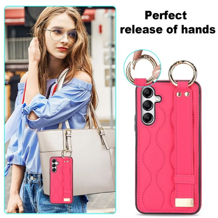 For Samsung Galaxy A14 5G / 4G Case PU Leather+TPU Wristband Kickstand Anti-fall Phone Cover