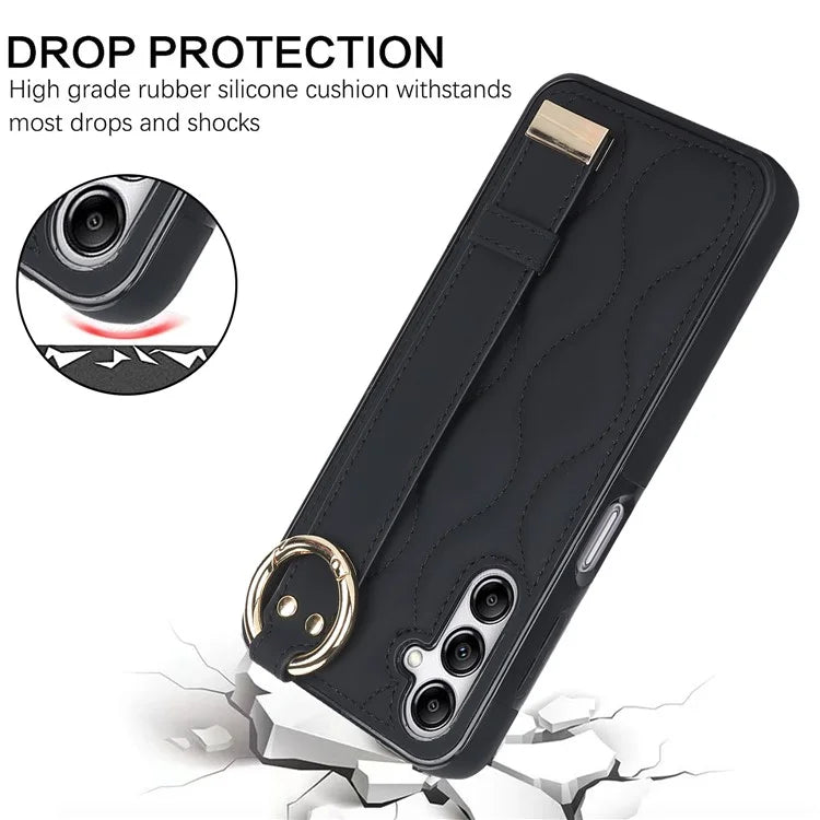 For Samsung Galaxy A14 5G / 4G Case PU Leather+TPU Wristband Kickstand Anti-fall Phone Cover