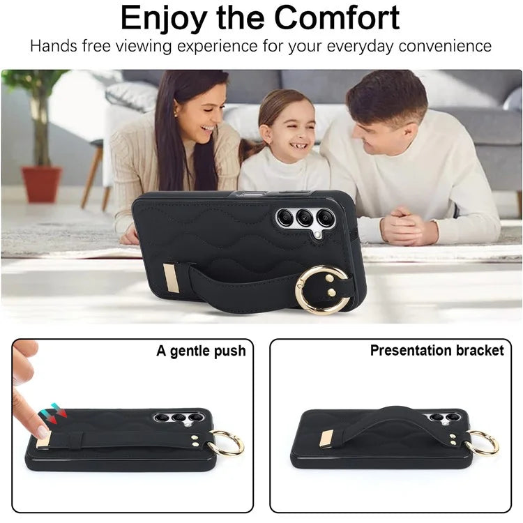 For Samsung Galaxy A14 5G / 4G Case PU Leather+TPU Wristband Kickstand Anti-fall Phone Cover