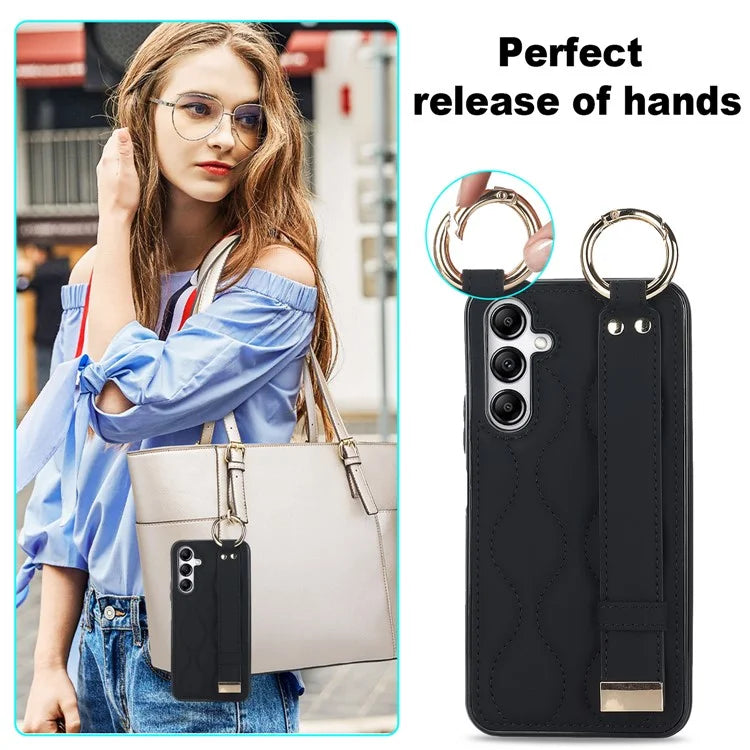 For Samsung Galaxy A14 5G / 4G Case PU Leather+TPU Wristband Kickstand Anti-fall Phone Cover