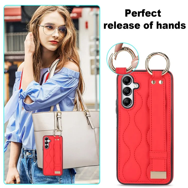For Samsung Galaxy A14 5G / 4G Case PU Leather+TPU Wristband Kickstand Anti-fall Phone Cover