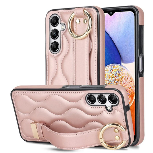 For Samsung Galaxy A14 5G / 4G Case PU Leather+TPU Wristband Kickstand Anti-fall Phone Cover Gold