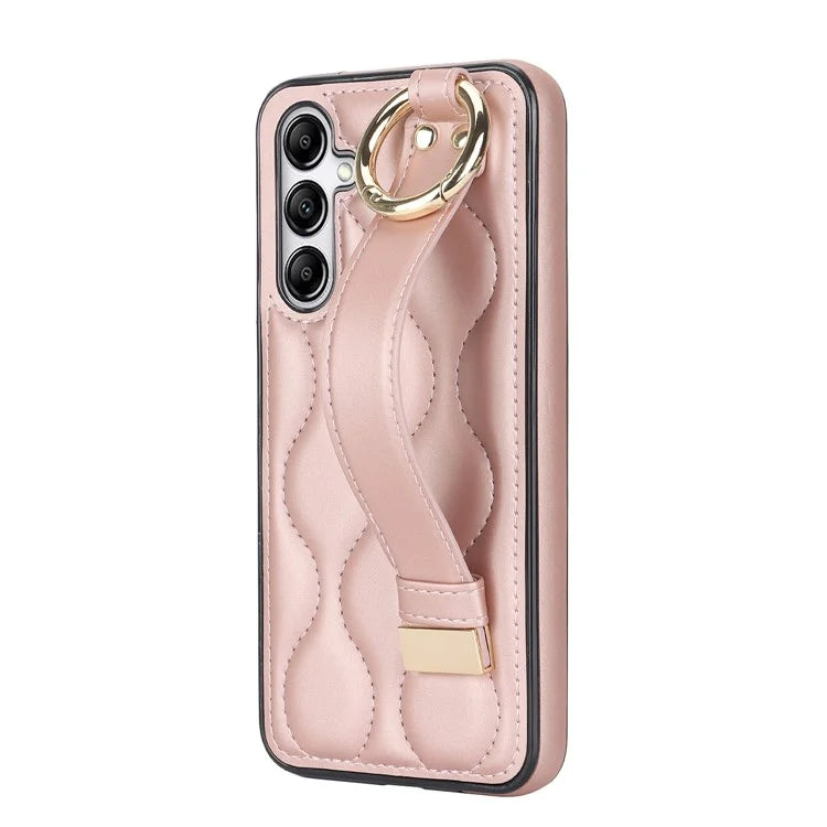 For Samsung Galaxy A14 5G / 4G Case PU Leather+TPU Wristband Kickstand Anti-fall Phone Cover Gold