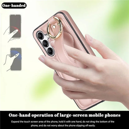 For Samsung Galaxy A14 5G / 4G Case PU Leather+TPU Wristband Kickstand Anti-fall Phone Cover Gold