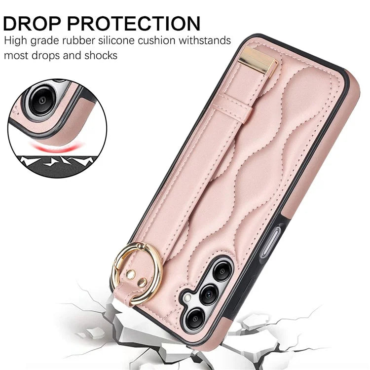 For Samsung Galaxy A14 5G / 4G Case PU Leather+TPU Wristband Kickstand Anti-fall Phone Cover Gold
