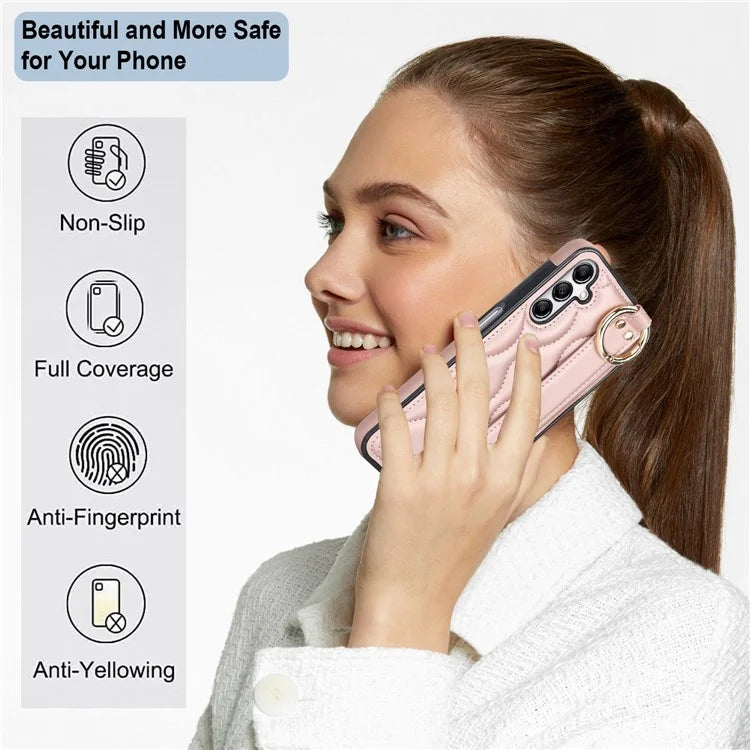 For Samsung Galaxy A14 5G / 4G Case PU Leather+TPU Wristband Kickstand Anti-fall Phone Cover Gold
