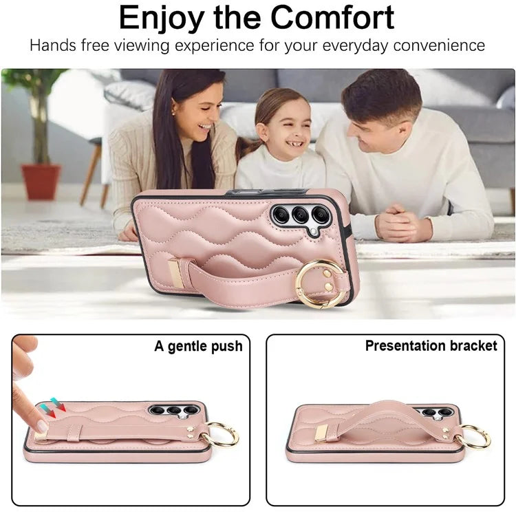 For Samsung Galaxy A14 5G / 4G Case PU Leather+TPU Wristband Kickstand Anti-fall Phone Cover Gold