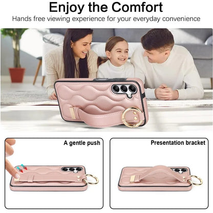 For Samsung Galaxy A14 5G / 4G Case PU Leather+TPU Wristband Kickstand Anti-fall Phone Cover Gold