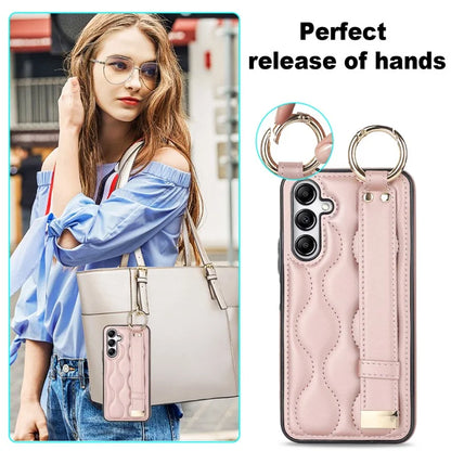 For Samsung Galaxy A14 5G / 4G Case PU Leather+TPU Wristband Kickstand Anti-fall Phone Cover Gold
