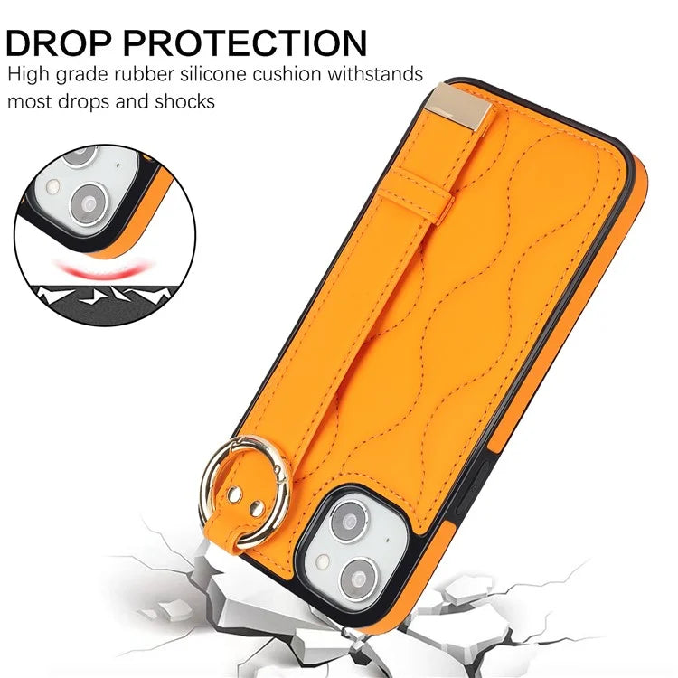 For iPhone 15 Plus Cell Phone Case Wave Pattern Wristband Kickstand Drop Resistant Back Cover