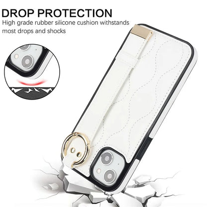 For iPhone 15 Plus Cell Phone Case Wave Pattern Wristband Kickstand Drop Resistant Back Cover