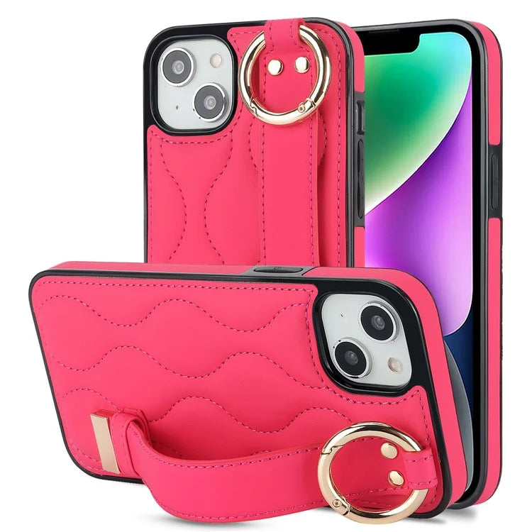 For iPhone 15 Plus Cell Phone Case Wave Pattern Wristband Kickstand Drop Resistant Back Cover