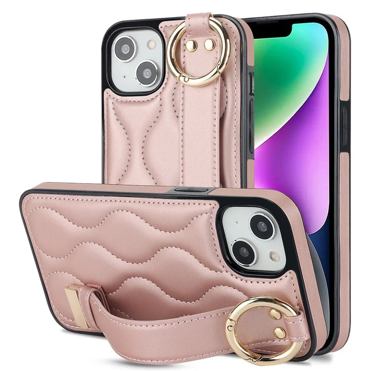 For iPhone 15 Plus Cell Phone Case Wave Pattern Wristband Kickstand Drop Resistant Back Cover Gold