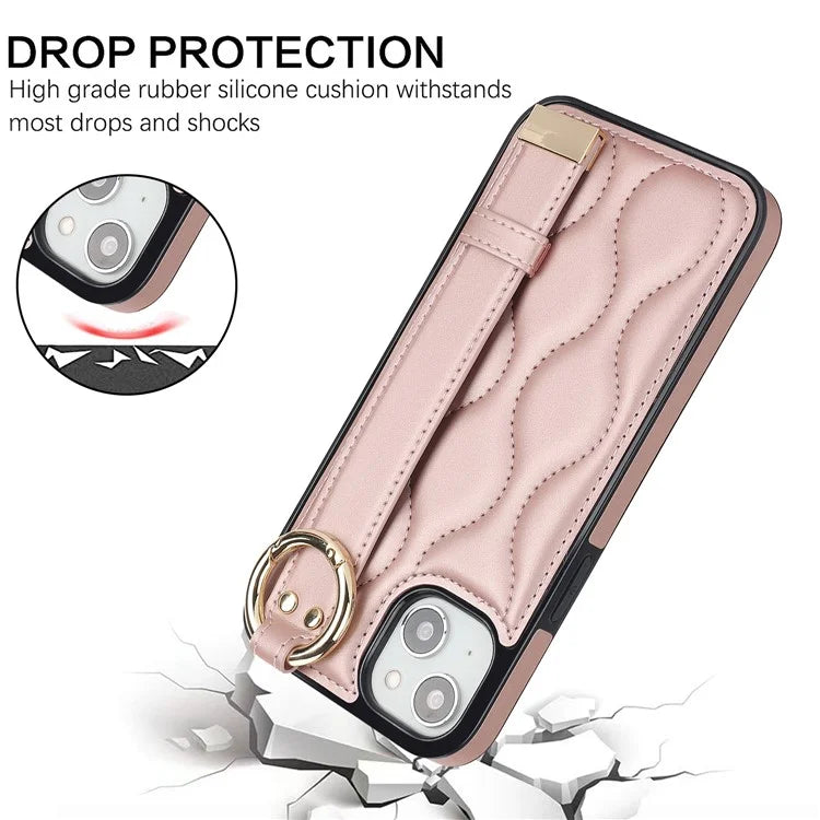 For iPhone 15 Plus Cell Phone Case Wave Pattern Wristband Kickstand Drop Resistant Back Cover Gold