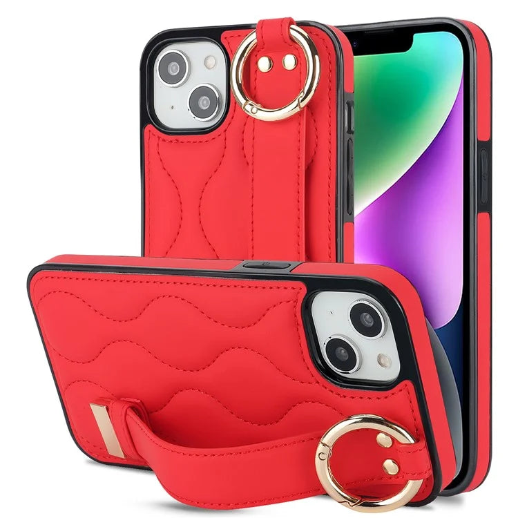 For iPhone 15 Plus Cell Phone Case Wave Pattern Wristband Kickstand Drop Resistant Back Cover