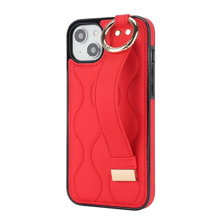 For iPhone 15 Plus Cell Phone Case Wave Pattern Wristband Kickstand Drop Resistant Back Cover