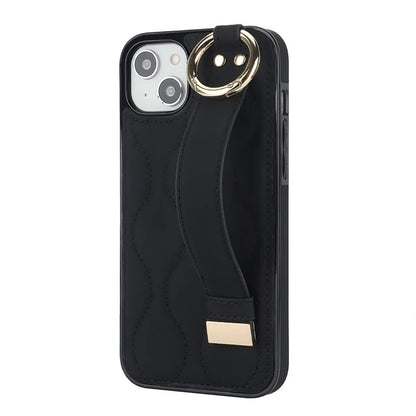 For iPhone 15 Plus Cell Phone Case Wave Pattern Wristband Kickstand Drop Resistant Back Cover